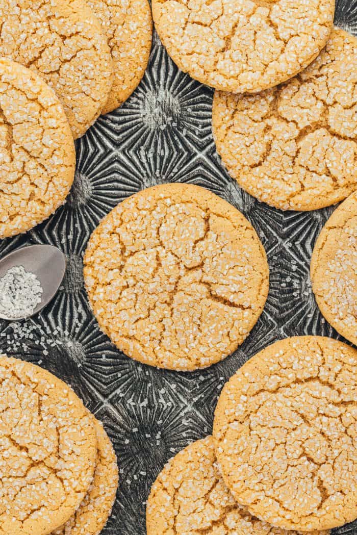 Various brown butter sugar cookies on a vintage cookie tray.