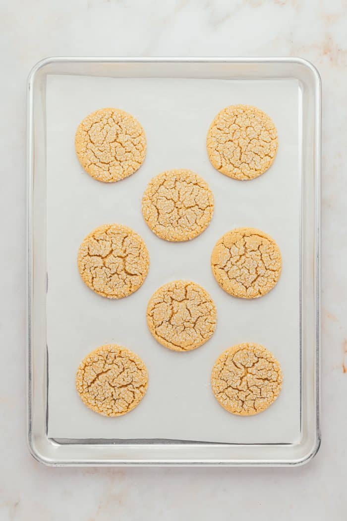 A cookie tray with baked brown butter sugar cookies.