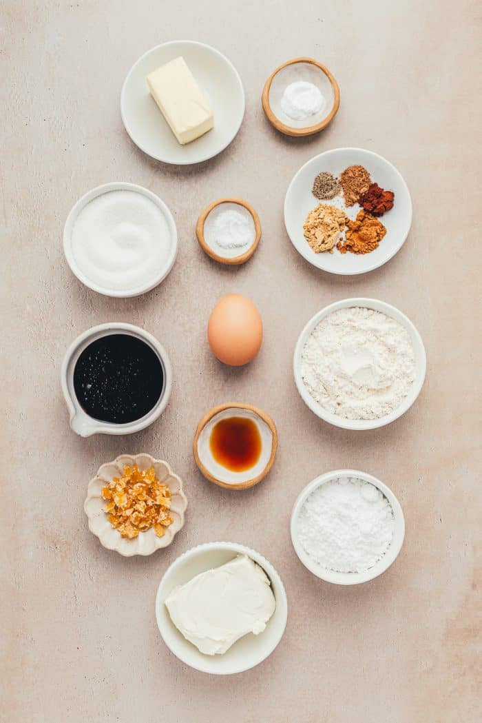 The ingredients needed to make frosted gingerbread bars in bowls.