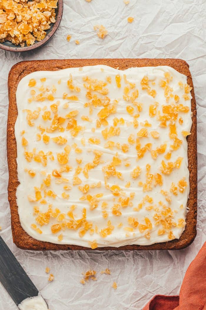 The gingerbread bars with frosting and candied ginger.