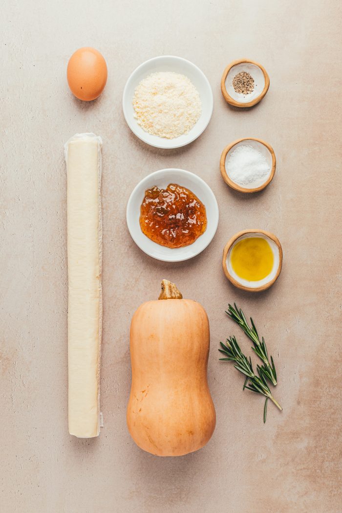 The ingredients for making an easy butternut squash tart.