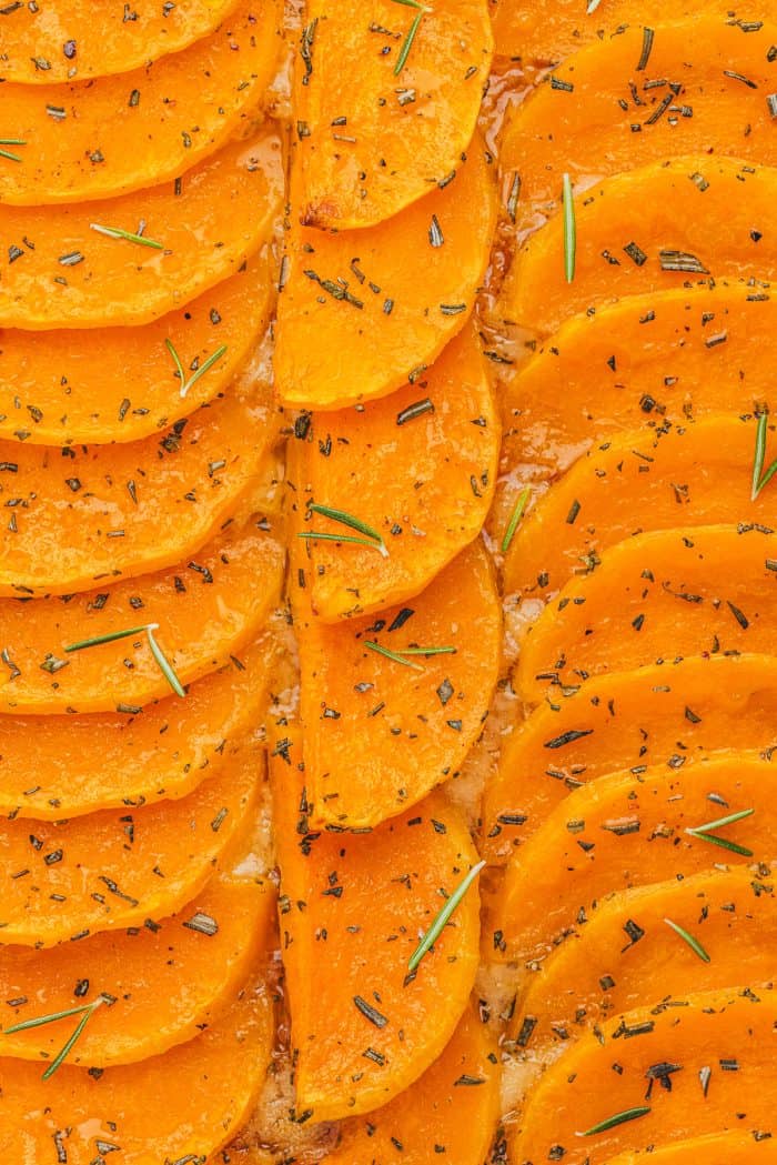 A closeup of the butternut squash tart filling. 