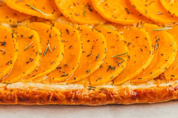 A closeup of the butternut squash tart filling.