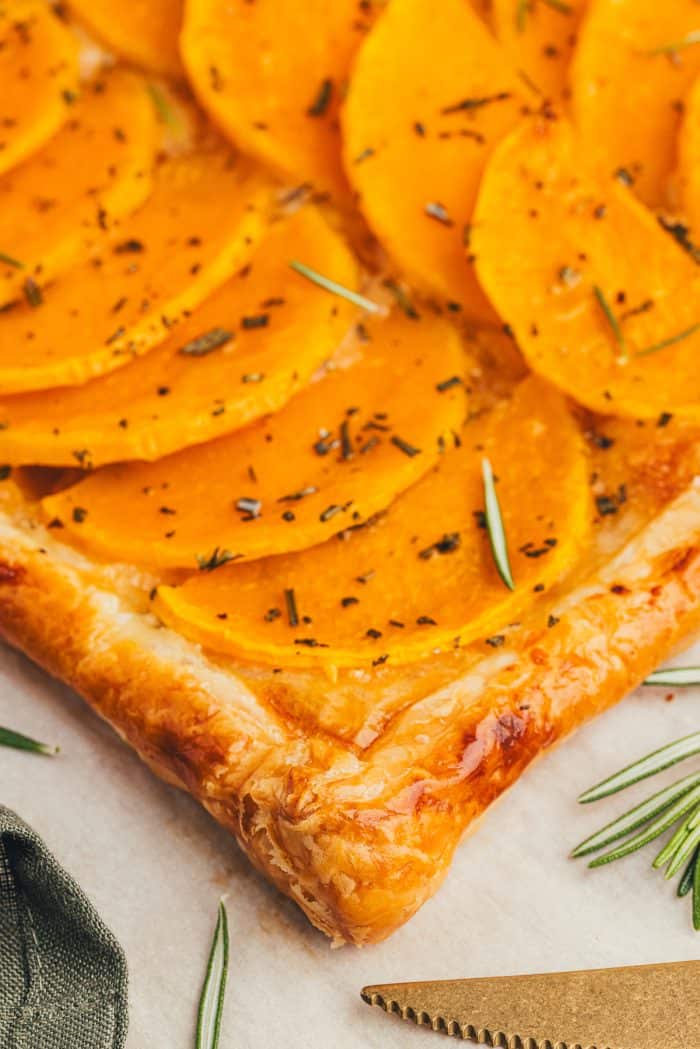 A closeup of the butternut squash tart filling.