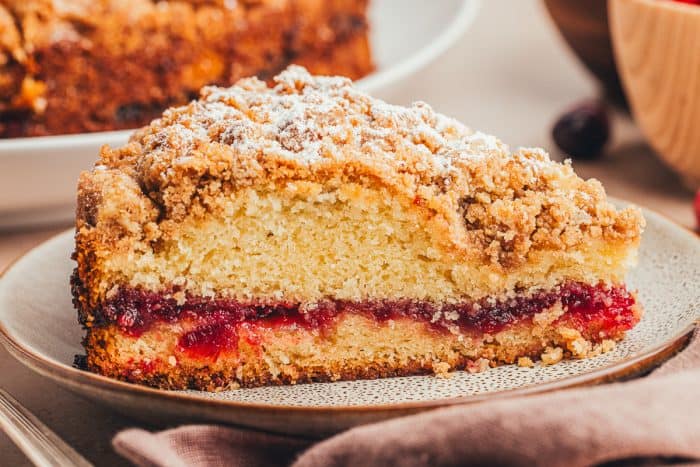 A plate with a slice of cranberry coffee cake.