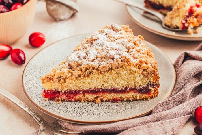 A plate with a slice of cranberry coffee cake.