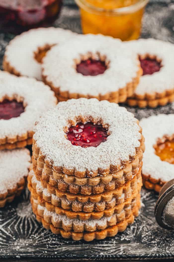 A stack of hazelnut Linzer cookies