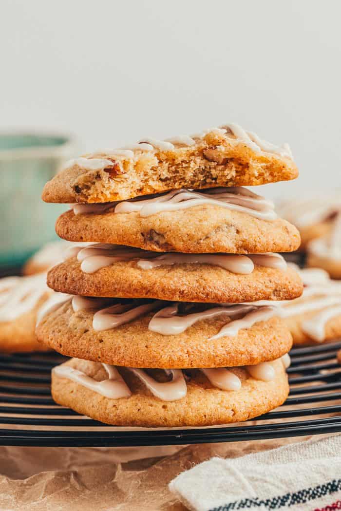 A stack of spiced drop cookies on a cooling rack.