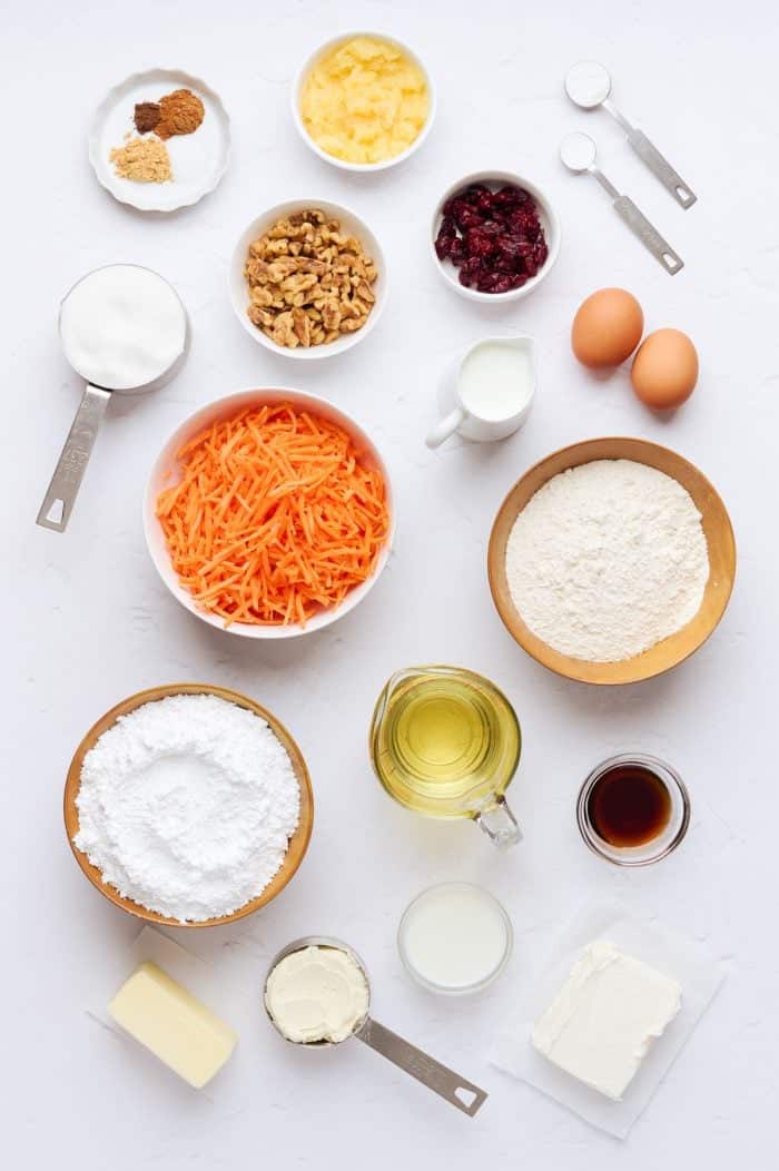 The ingredients used to make carrot cake cupcakes.