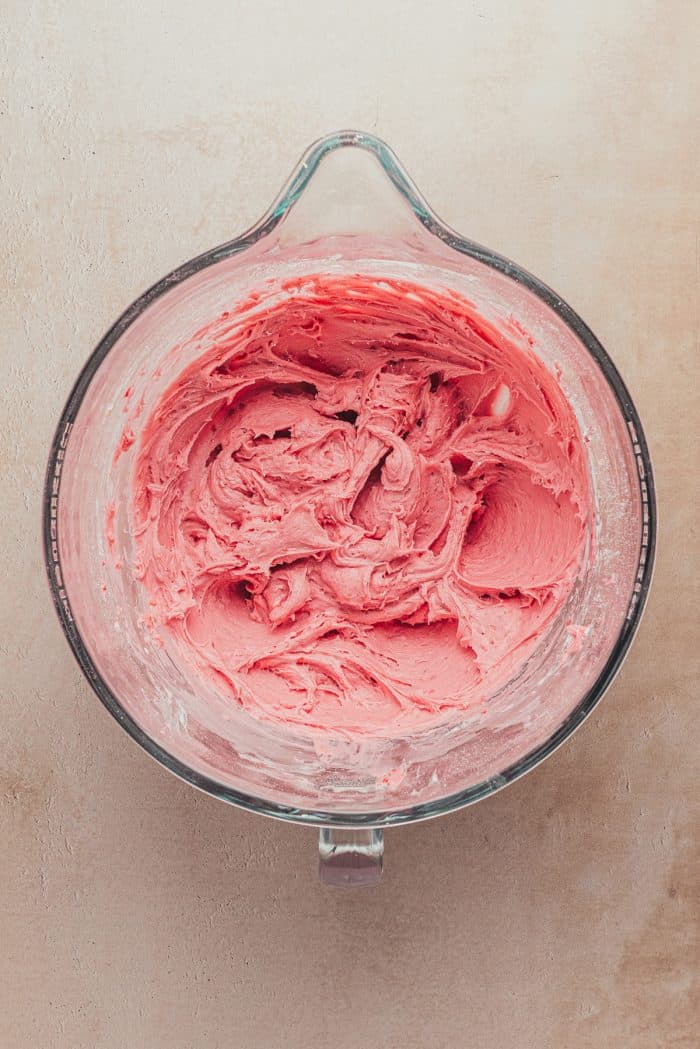 Cream cheese frosting mixed with freeze-dried raspberries.