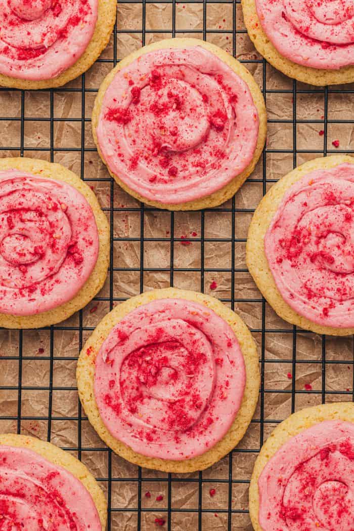 Lemon sugar cookies with raspberry cream cheese frosting.