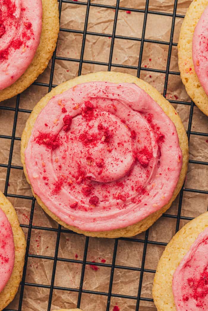 Lemon sugar cookies with raspberry cream cheese frosting.