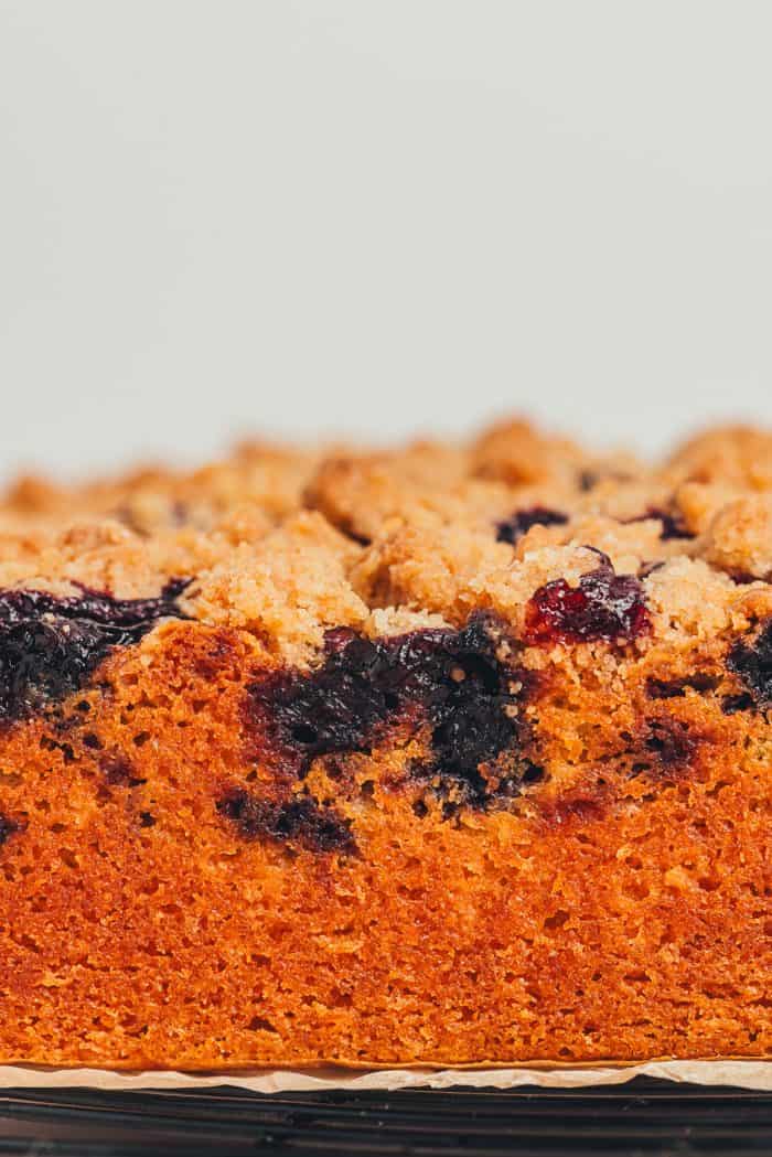 The side view of a blueberry crumb cake.