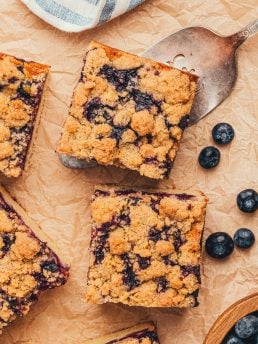 Four slices of blueberry crumb cake.