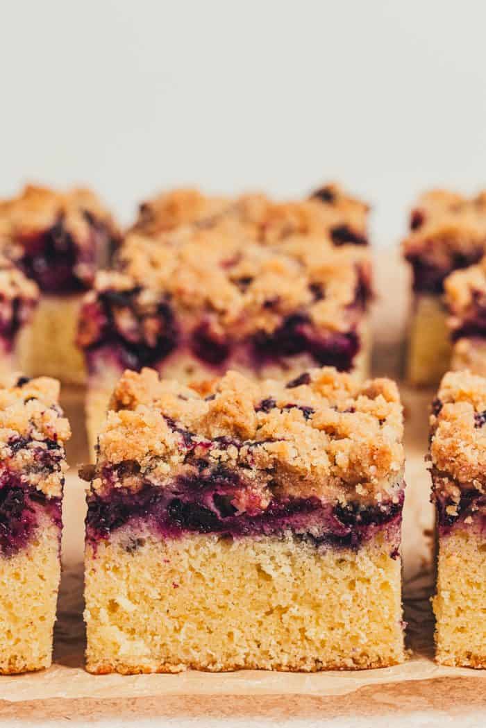 Six slices of blueberry crumb cake.