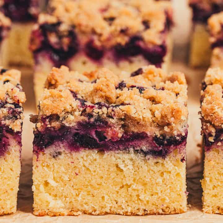 Six slices of blueberry crumb cake.