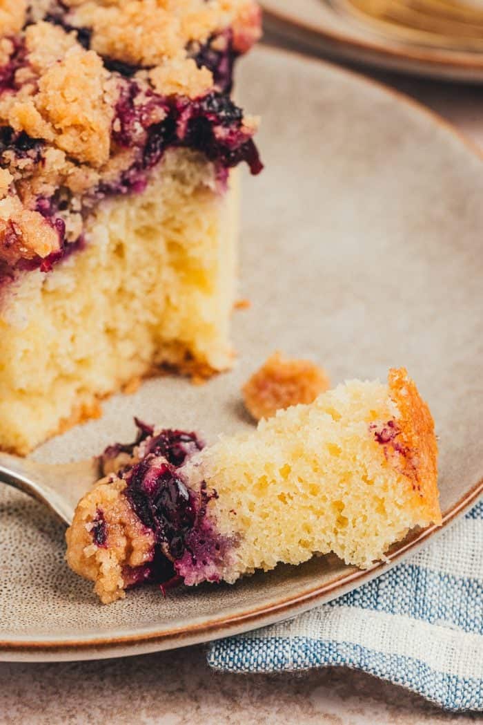 Blueberry crumb cake slice on a small plate with a fork taking a bite out of it.