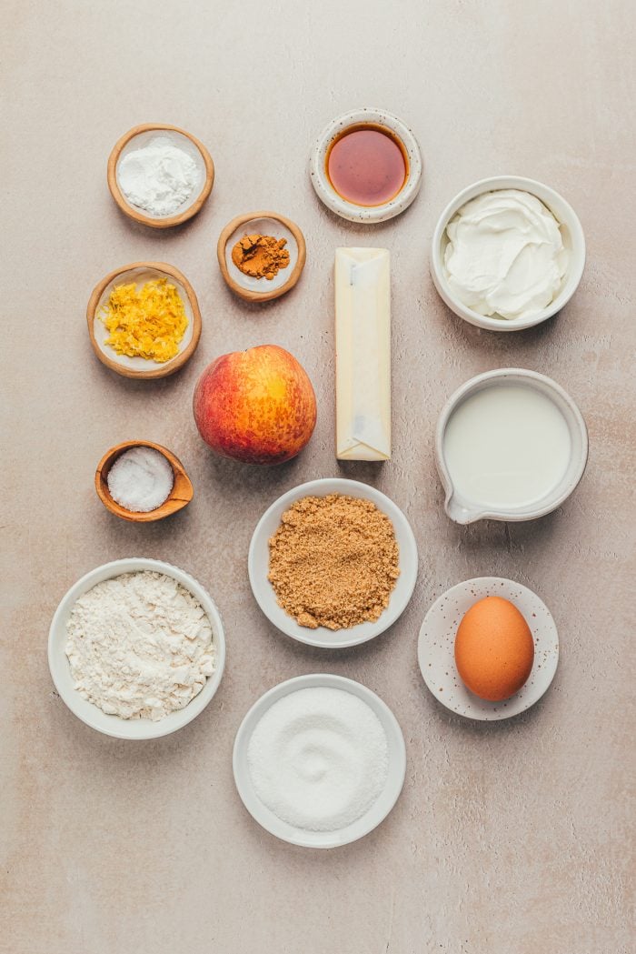 The ingredients used to make peach upside down cake.