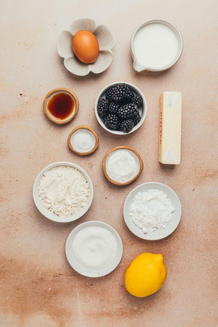 Ingredients in bowls for making blackberry scones.