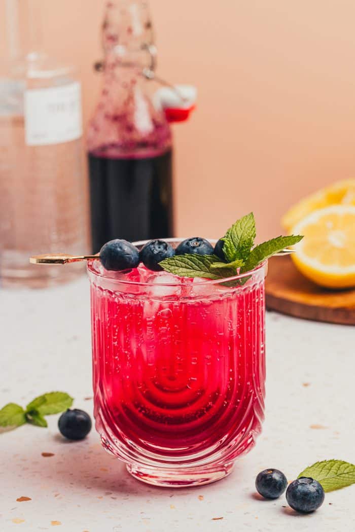 A blueberry gin fizz cocktail garnished with blueberries and mint.