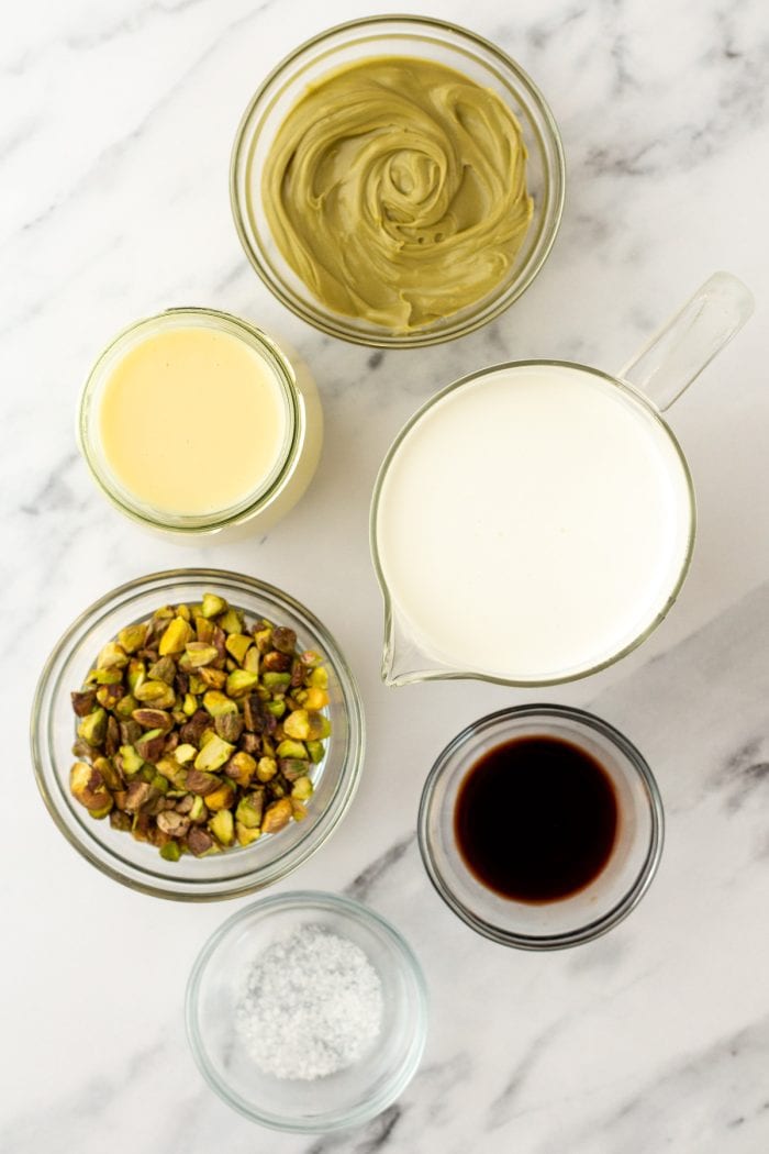 The ingredients used to make pistachio ice cream.