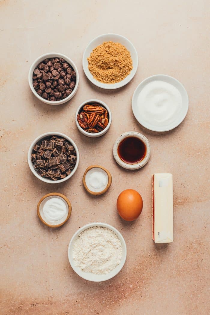 The ingredients needed to make brown butter chocolate chip skillet cookie.