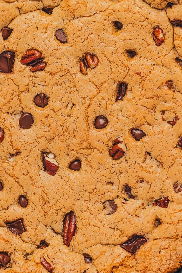 An up close view of the chocolate chip cookie skillet.