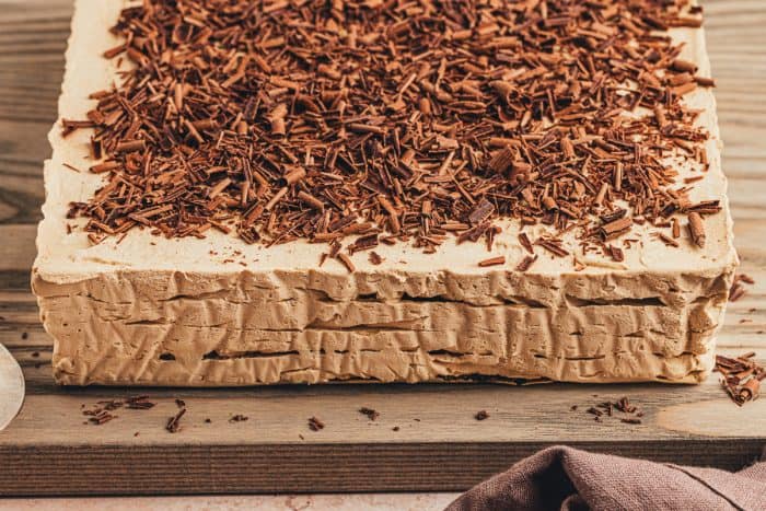 The side of the icebox cake showing how thick it is.