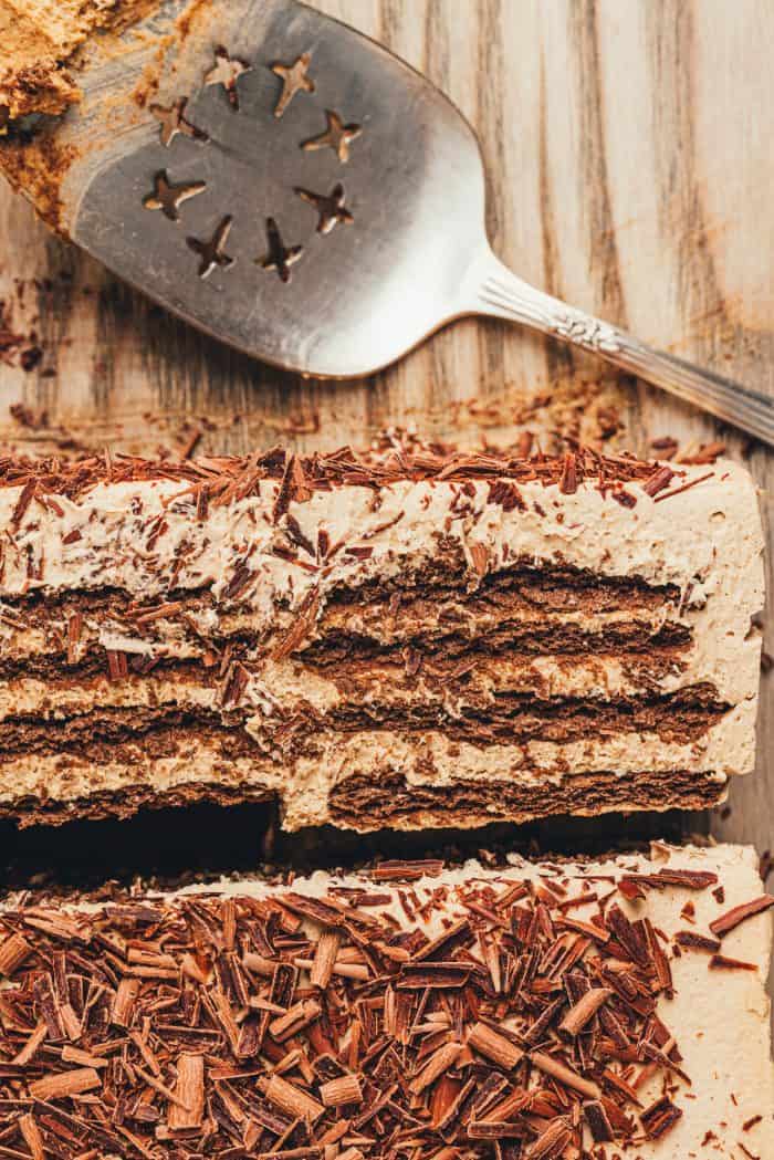 A slice of chocolate espresso icebox cake showing the layers.