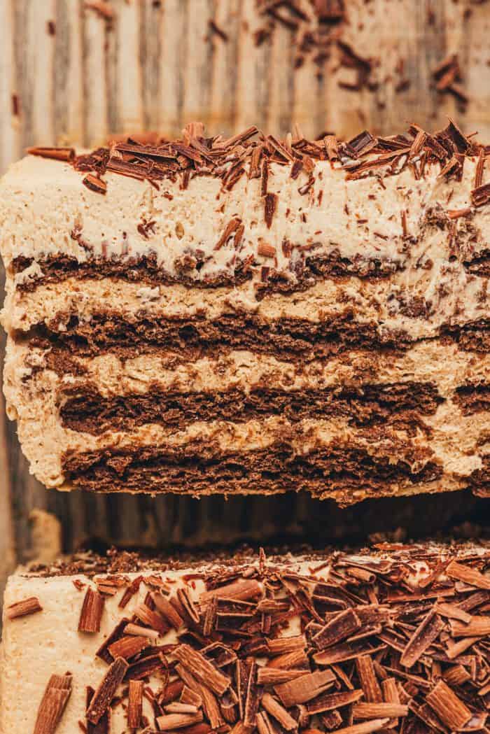 A slice of chocolate espresso icebox cake showing the layers.