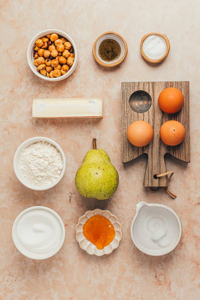 The ingredients used to make a Hazelnut Frangipane Pear Tart.