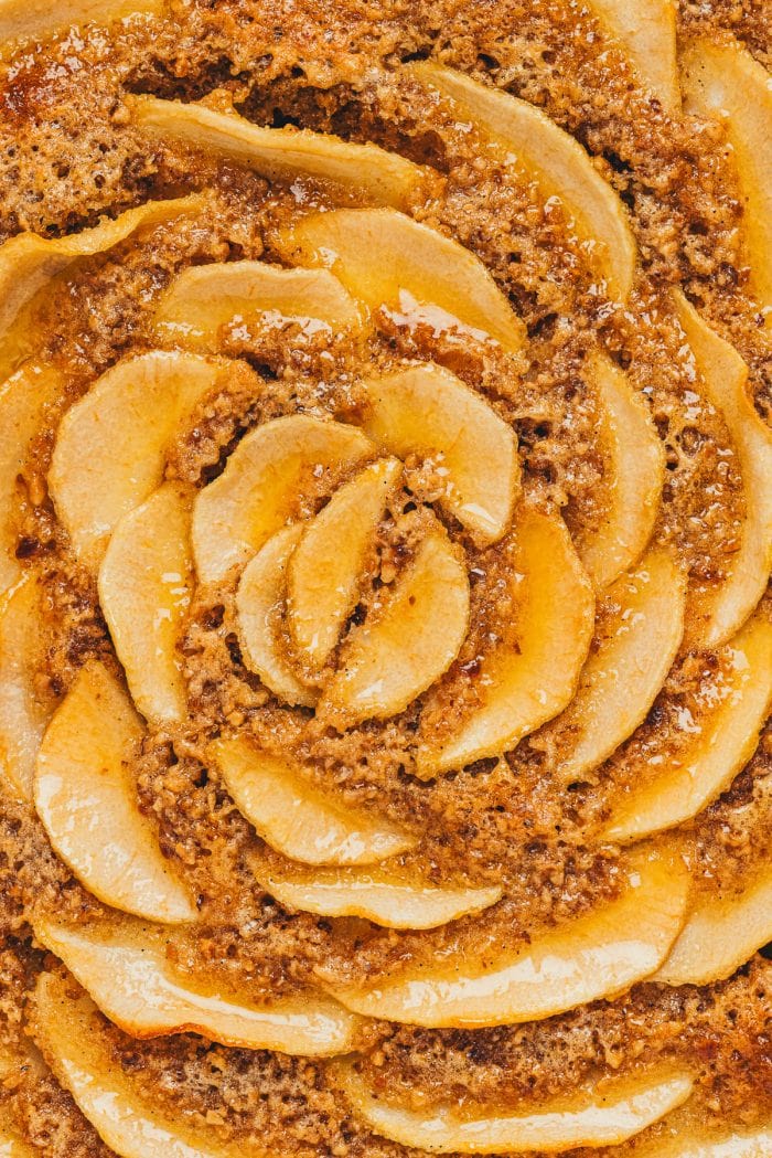An up close view of the frangipane filling in the pear tart.