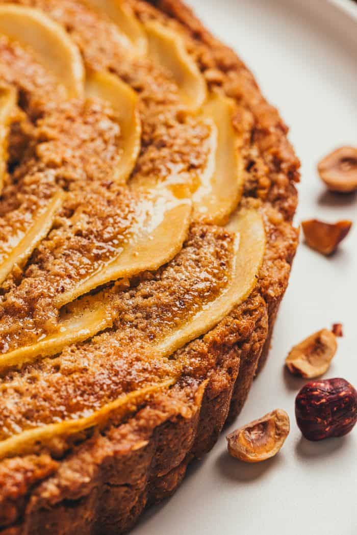 An up close view of the frangipane filling in the pear tart.