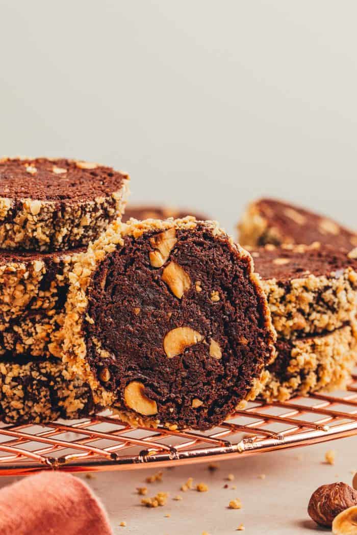 Chocolate hazelnut shortbread cookies on a cooling rack.