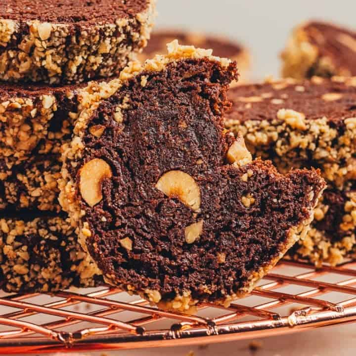 Chocolate hazelnut shortbread cookies on a cooling rack.