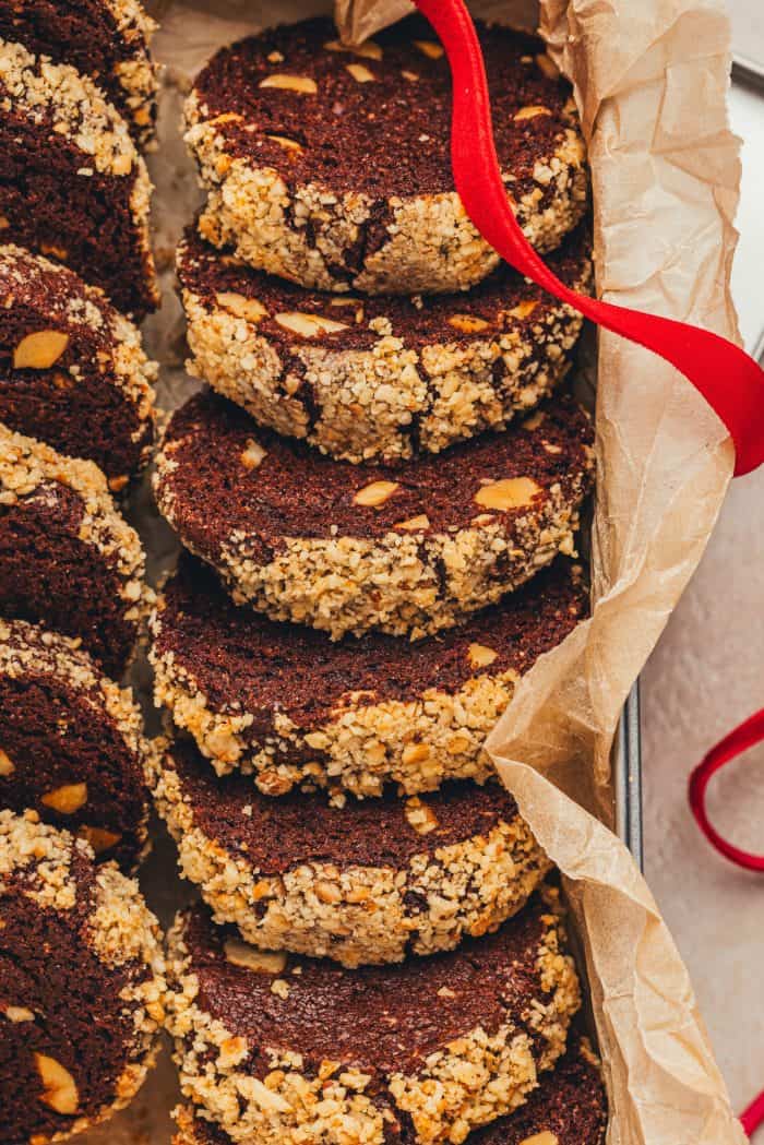 Chocolate hazelnut espresso slice and bake cookies in a box.