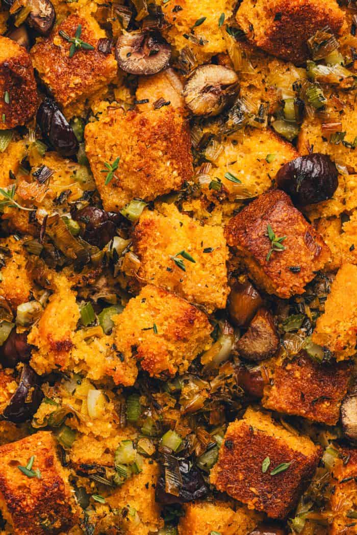 An up close image of cornbread stuffing.