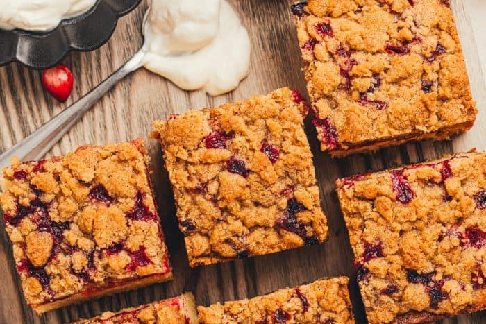 Slices of cranberry crumb cake.