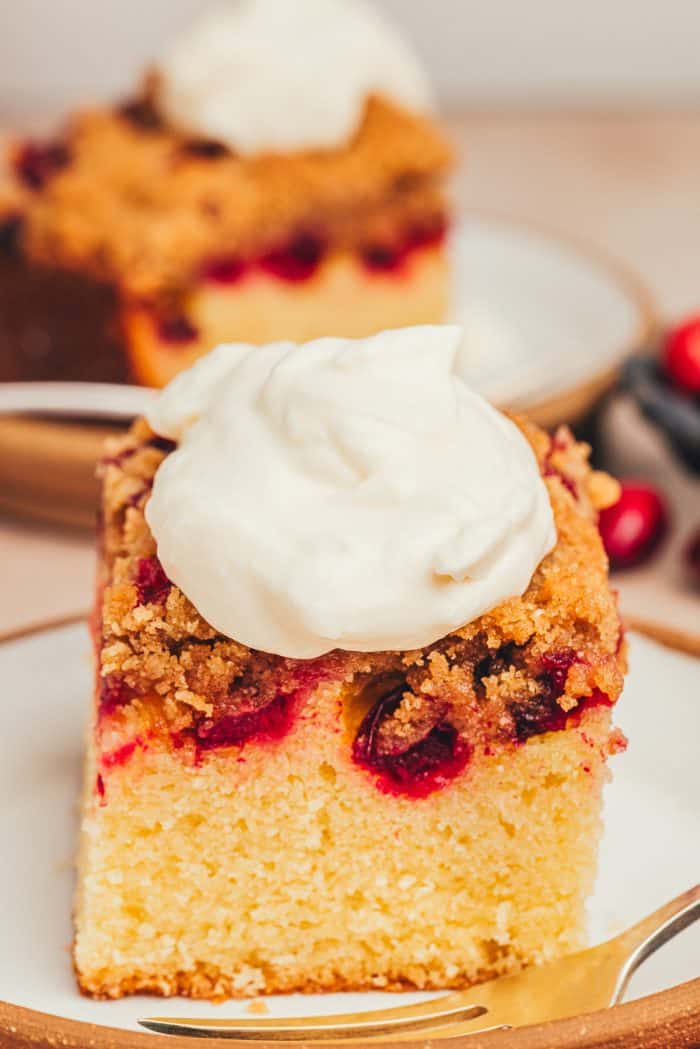 A slice of cranberry crumb cake on a small dessert plate with a fork.