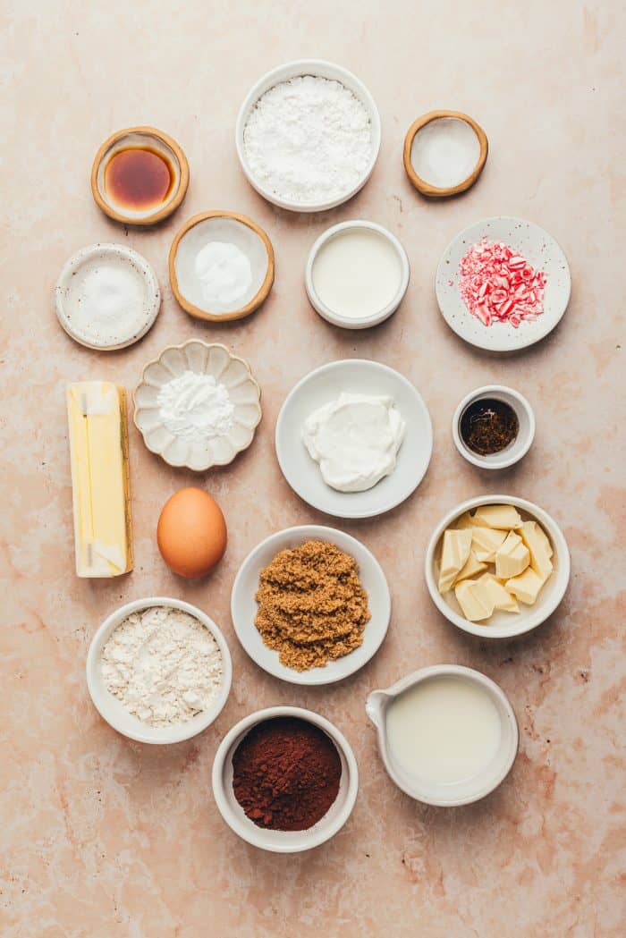 Various bowls filled with the ingredients to make peppermint chocolate Whoopie pies.