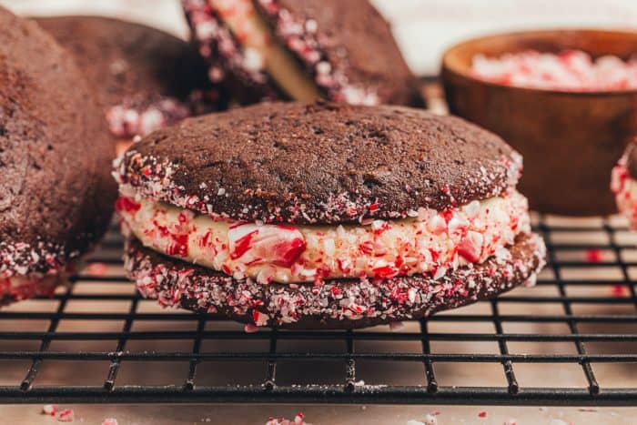 A chocolate peppermint Whoopie Pie on a cooling rack.