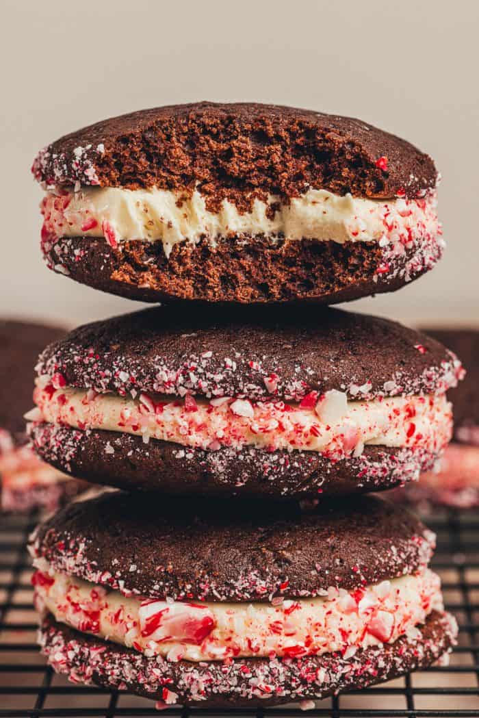 Three chocolate Whoopie pies with crushed peppermint candy.