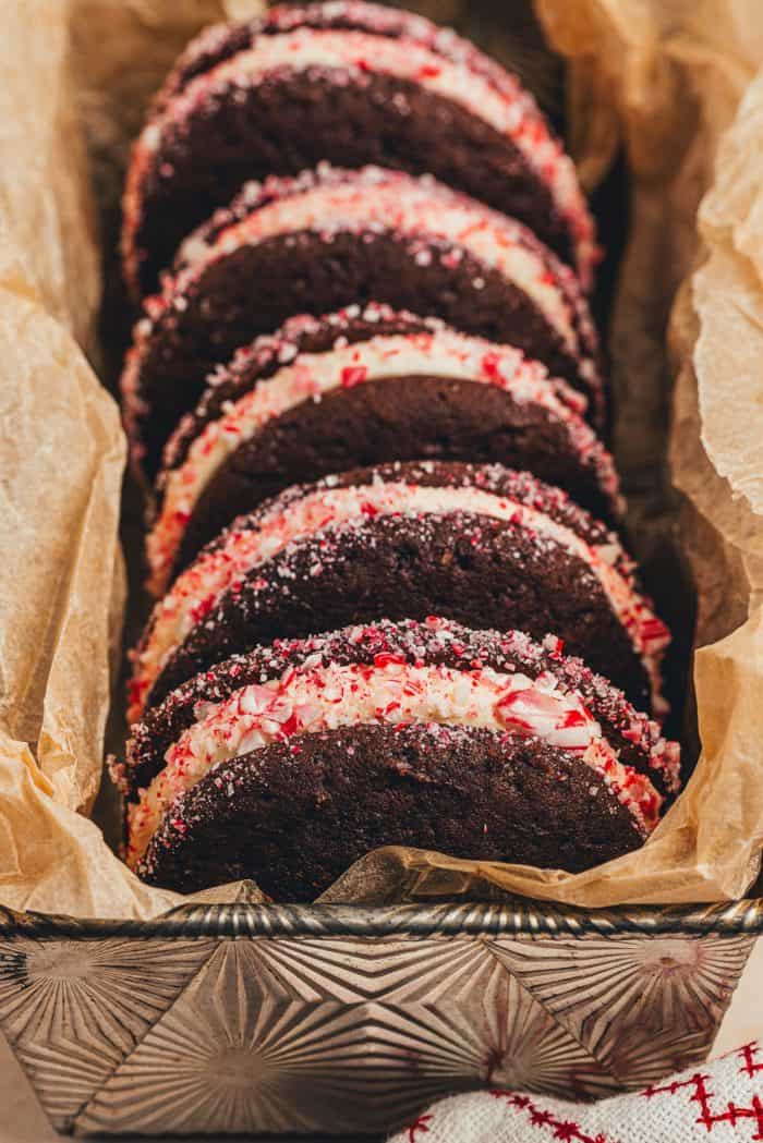 Four chocolate Whoopie pies with crushed peppermint candy.