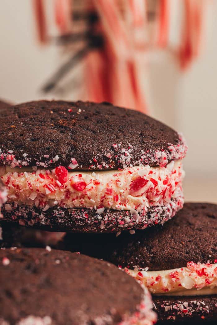 Three chocolate Whoopie pies with crushed peppermint candy.