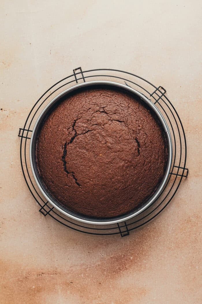 The baked chocolate ricotta cake on a cooling rack.
