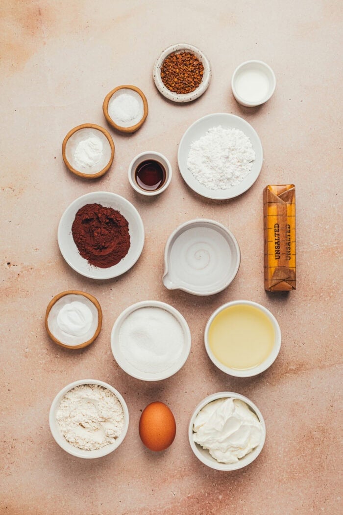 The ingredients used to make chocolate cupcakes with espresso frosting.