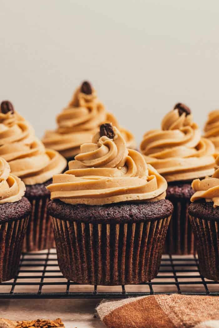 Chocolate espresso cupcakes on a cooling rack.