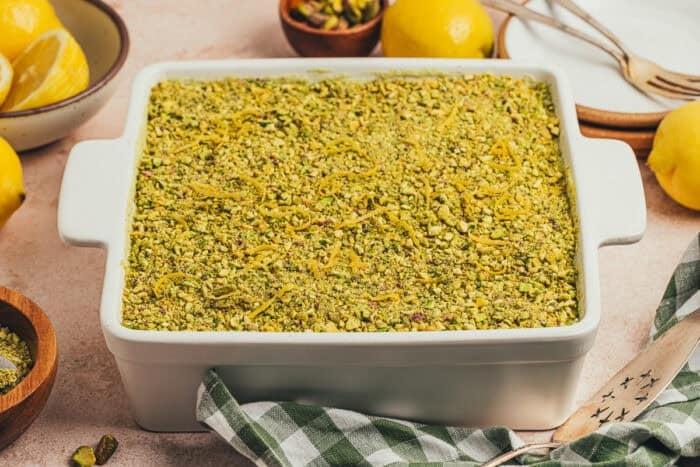 A tray with a lemon pistachio tiramisu.
