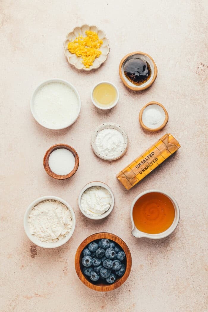 The ingredients used to make blueberry cobbler.