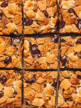 Blondie bars with S'mores toppings sliced into squares.